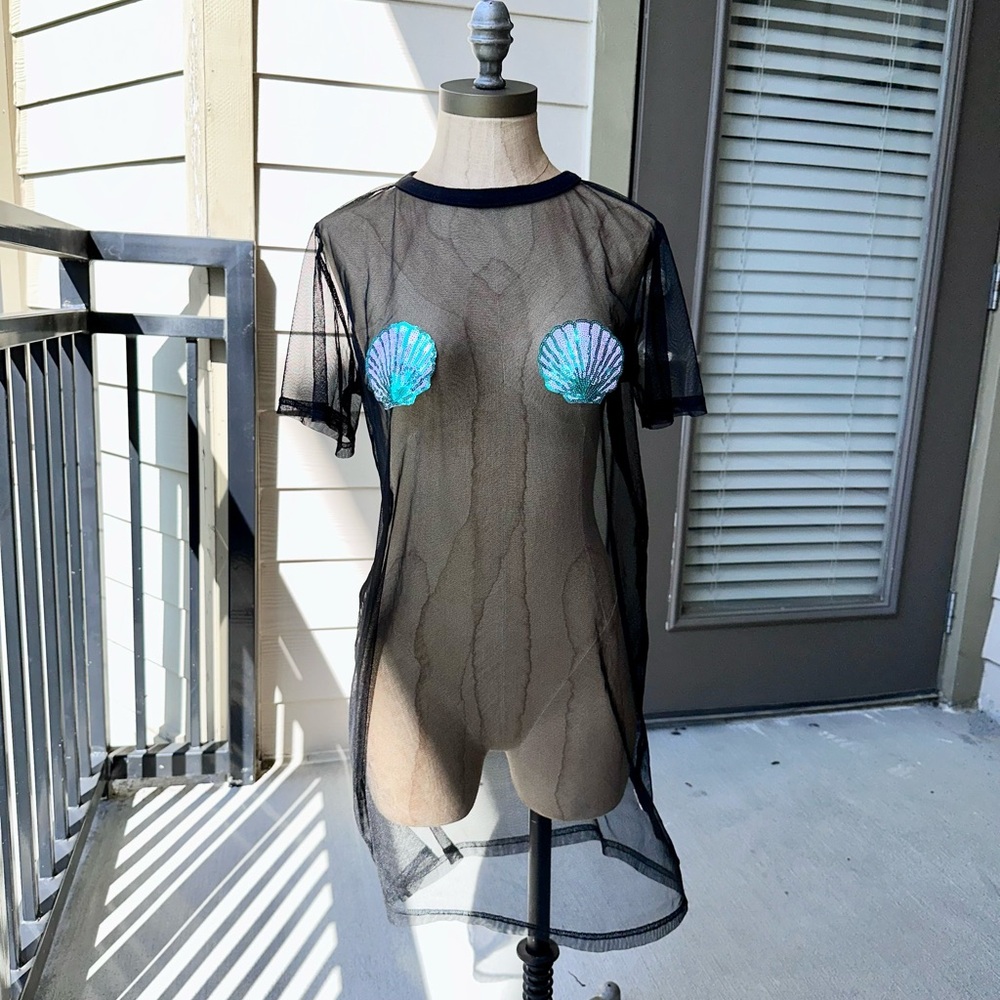 Black Sheer Mesh Dress with Shell Accents
